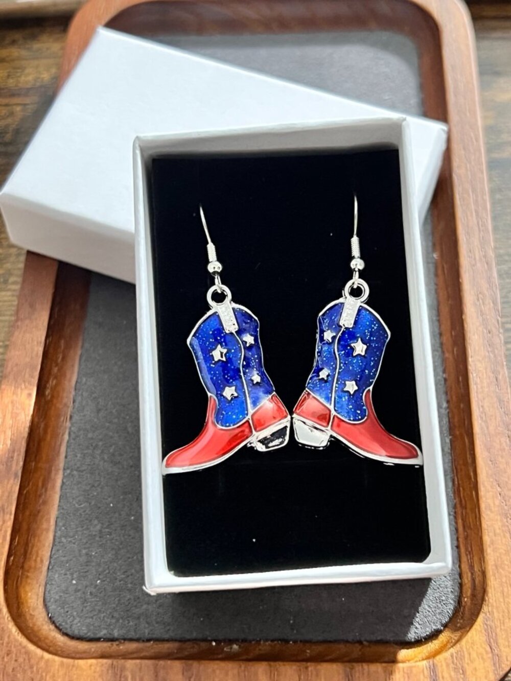 Patriotic cowboy boot dangle earrings